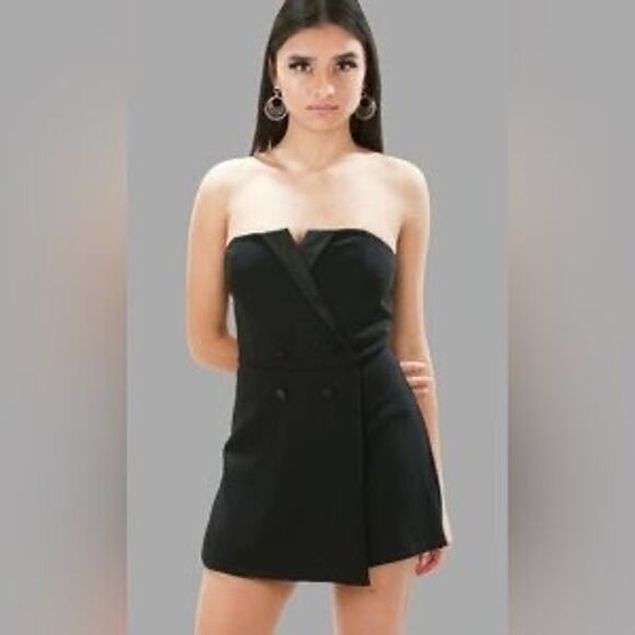 DO + BE Black Strapless Tuxedo Romper V-Neck Smocked Back‎ - Size M - Picture 2 of 10